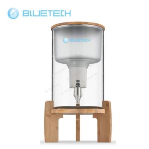 Glass water filter can with stainless steel spigot with bamboo lid and base