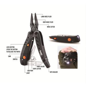 Stainless steel multi-tool with chargeable LED light