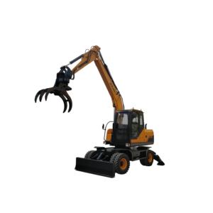 wheel excavator with wood grapple