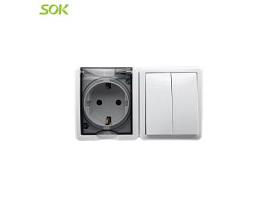 Single Schuko Power Outlet Without Shutter + 2 G 1 W Light Switch (Surface Mounted)