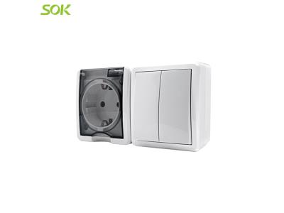 Single Schuko Power Outlet Without Shutter + 2 G 1 W Light Switch (Surface Mounted)