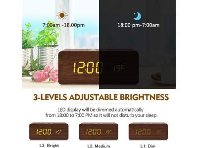 wooden Digital 3 Alarms Voice Control Desktop LED Clock Wireless Charger temperature