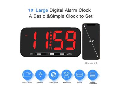 large alarm clock dual alarms 2USB charger ports adjustable dimmer night light