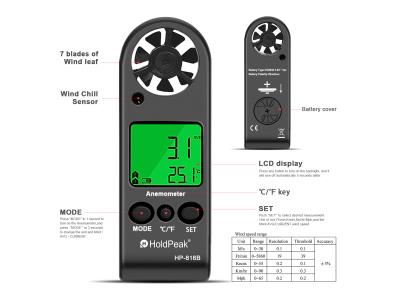 Mini Anemometer with Wind Speed Range 0.3 -30m/s and Wind Temperature Measurement HP-816B