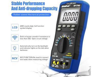 Digital Multimeter Voltmeter 4000Count AutoRange Temperature Ohm Diode hFE Test HP-770G