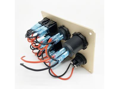 4 Gang ON-OFF Waterproof Rocker Switch Panel With Blue LED 5v2.1a/5v1a Car Charger Socket