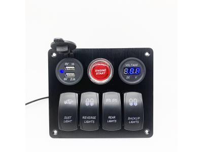 4 Gang Switch Aluminum LED Rocker Switch Panel with 3.1A USB charger and Voltmeter for Bus