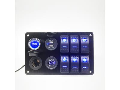 6 Gang Car Marine Boat Waterproof Digital Voltmeter Blue Led Rocker Switch Panel With 3.1a