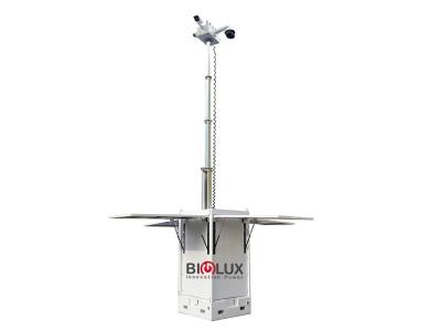 Cuboid mobile surveillance tower with 6.5m electric mast for solar farm security