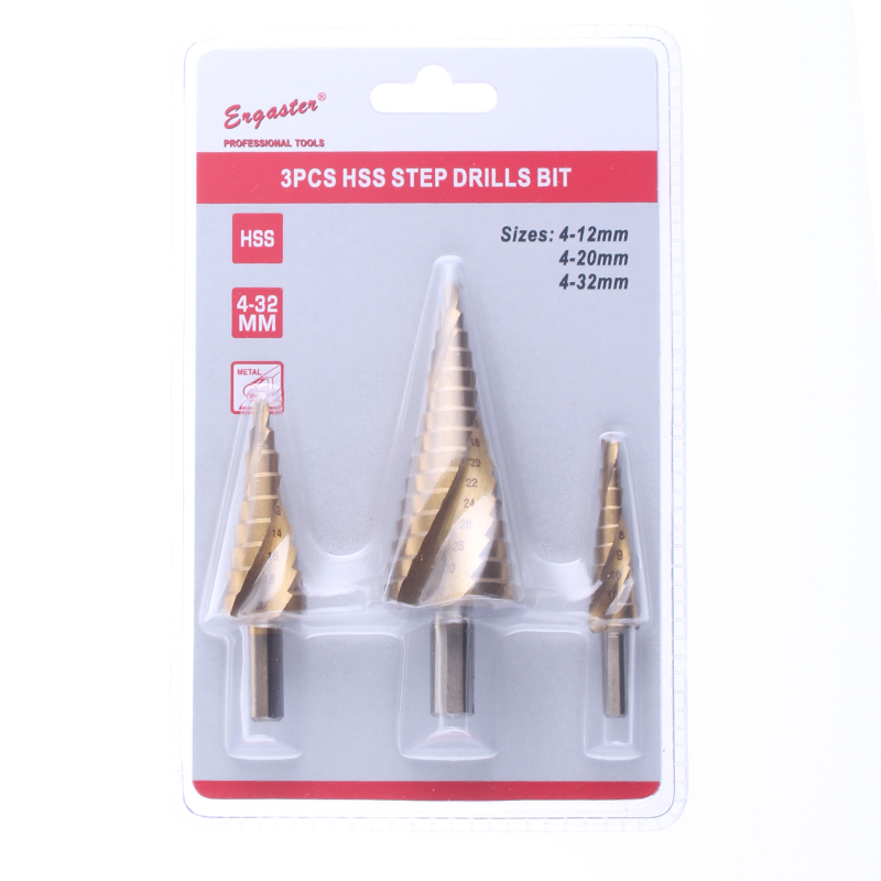 3PCS Spiral Flute HSS Titanium Coated Step Drill Bit CBM Ground in Double Blister Card for Metal Drilling Tools