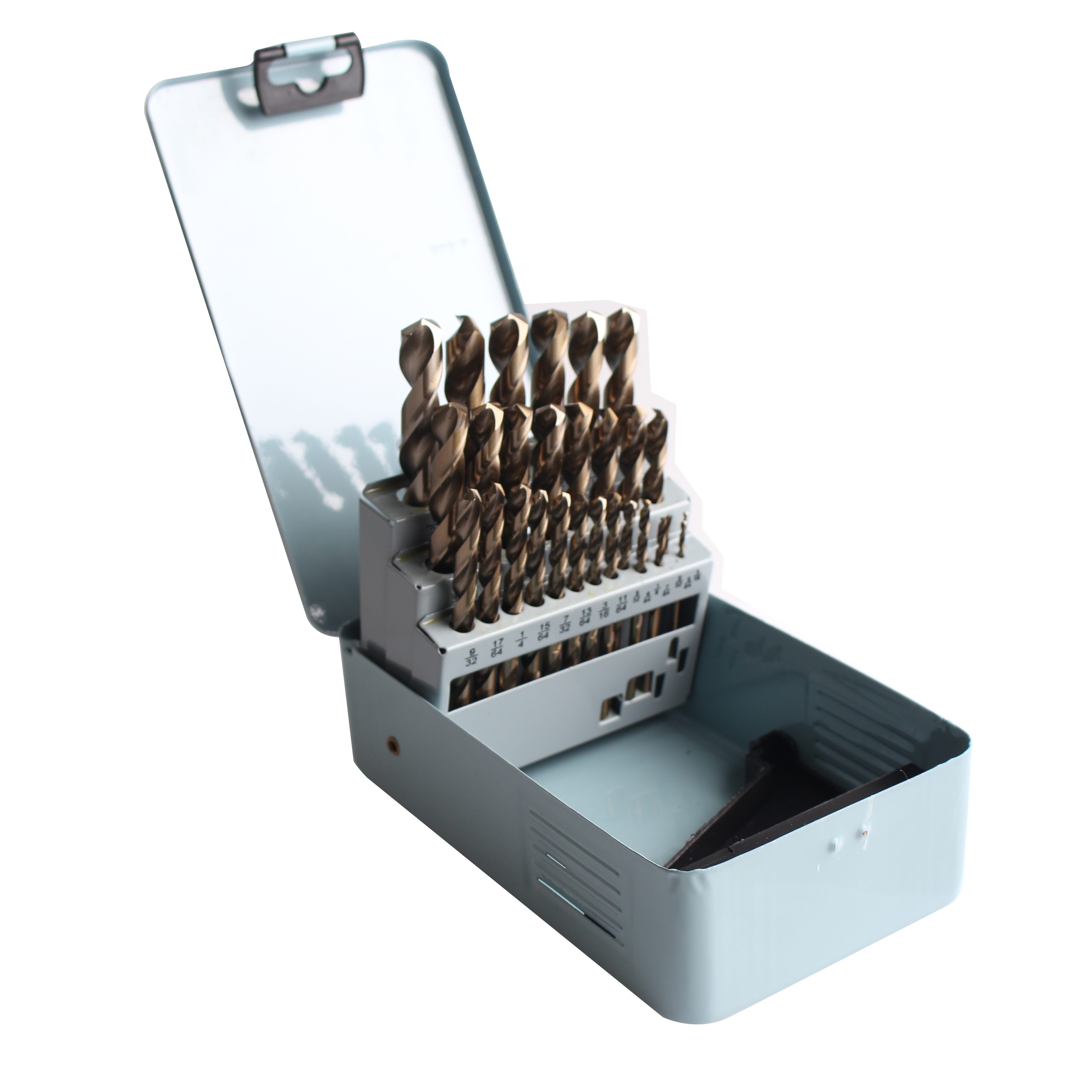 29pcs fully ground amber coated twist drill bits set in iron box