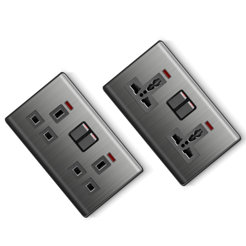 Stainless UK standard wall electric 2P+E socket outlet and square/circle switch 250V~