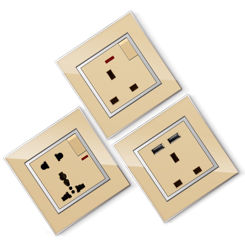 BS standard Azerbaijan Acrylic golden copper 16A 2P+E socket outlet and square light switch 220V-250V~