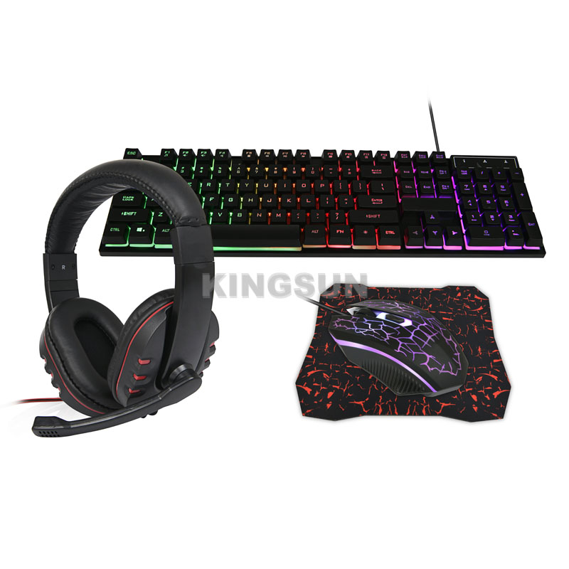 Rainbow backlight RGB PC gaming accessories combo kit keyboard + headphone + mouse + mouse pad