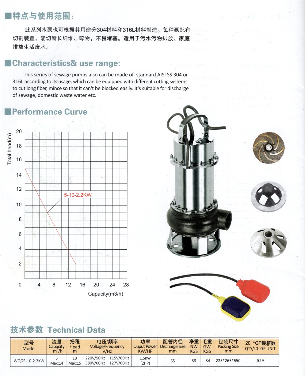 STAINLESS STEEL SUBMERSIBLE SEWAGE PUMPS WITH CUTTING SYSTEM