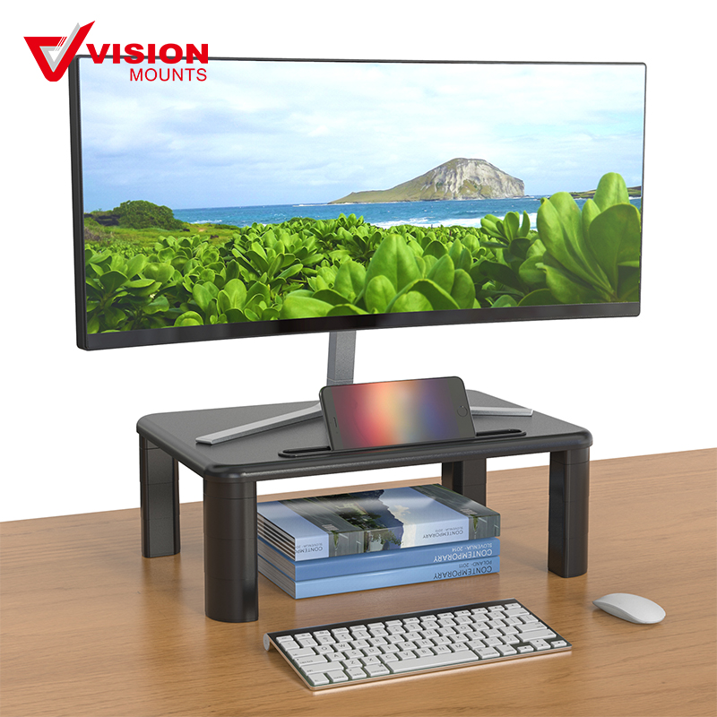 Height Adjustable Computer Monitor Stacked Desk Riser | Tabletop Smart Stand with Storage Drawer