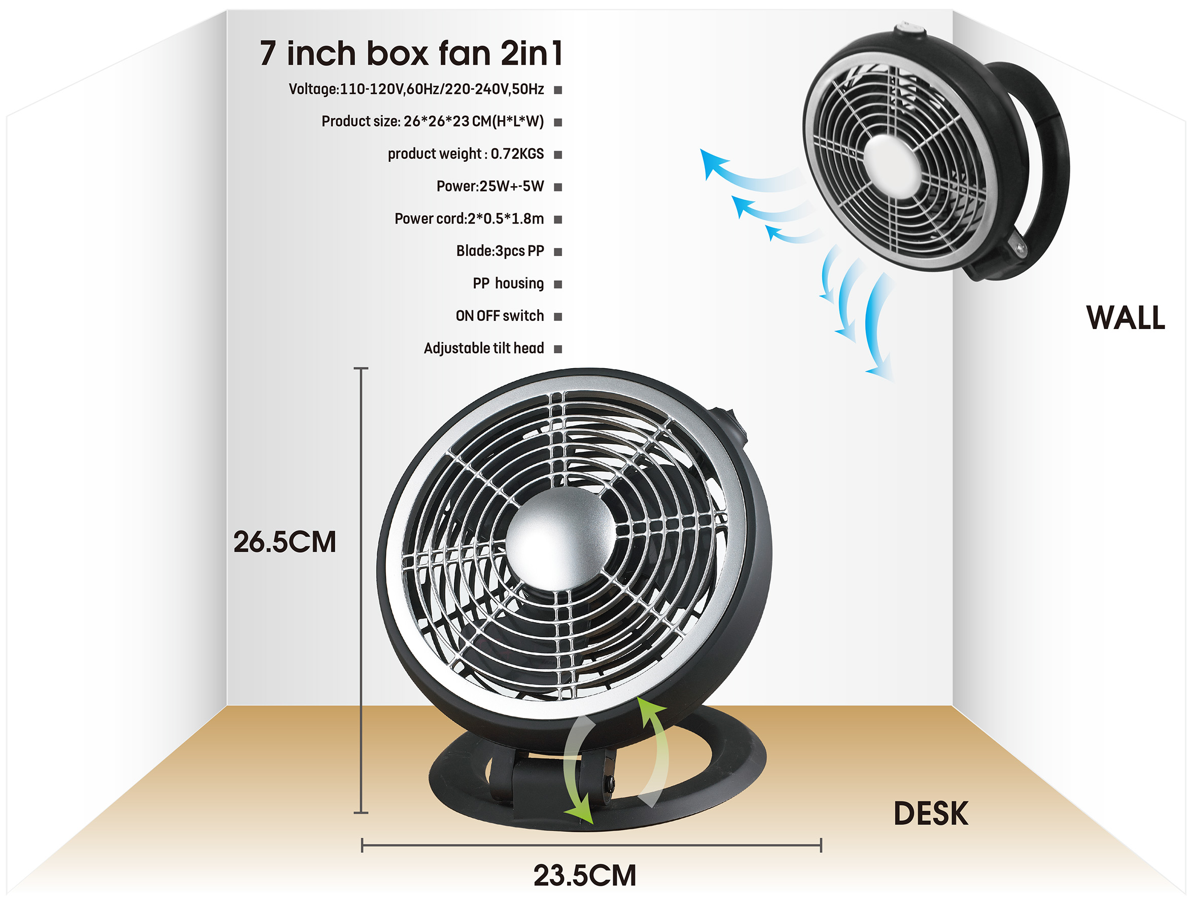 7inch foldable fan 2in1