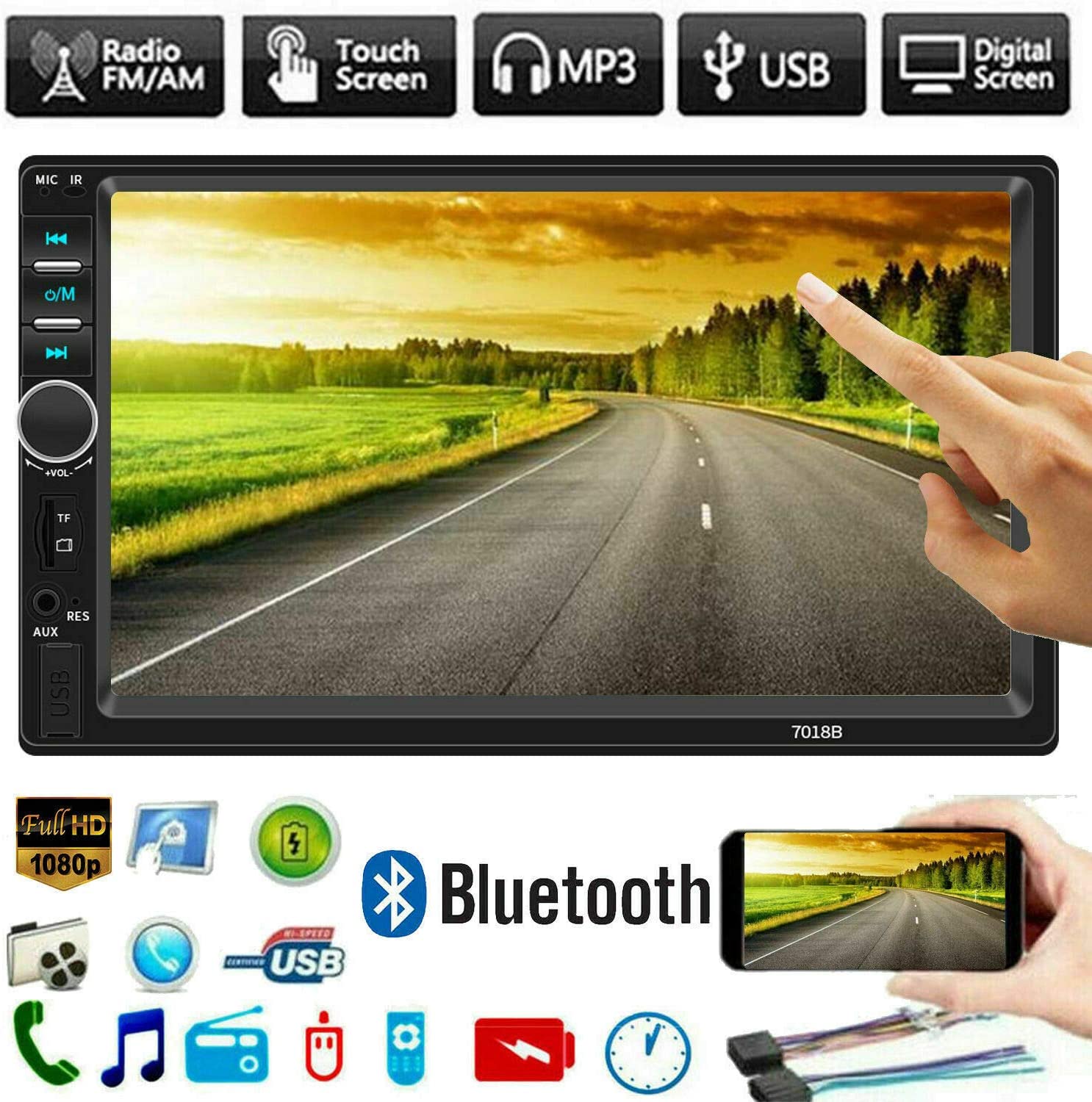 7 Inch Double Din Car Stereo MP5 MP3 Player with Bluetooth/AM/FM/USB/AUX in/Rear View/Mirror Link/Camera  Support Steering Wheel Control
