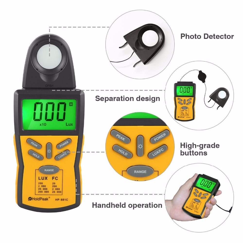Lux Light Meter with Peak Hold,Lux/FC UnitData Hold and LCD Display