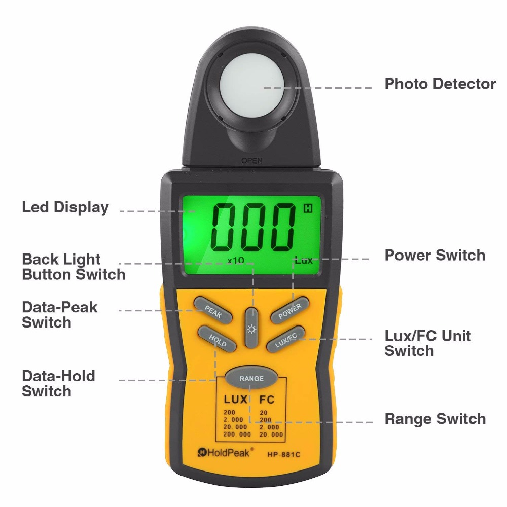 Lux Light Meter with Peak Hold,Lux/FC UnitData Hold and LCD Display