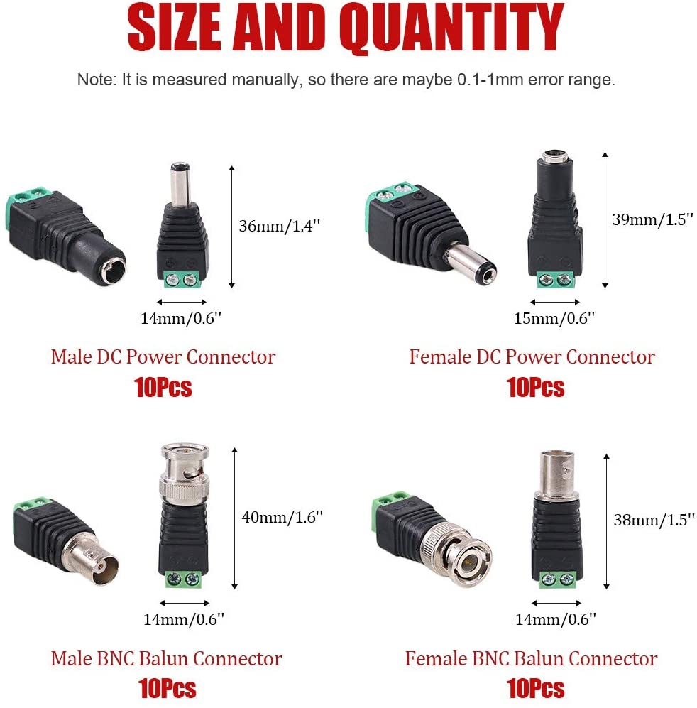 5.5 mm x 2.1 mm female DC power connector  BNC male and female connectors  suitable for LED strip CCTV security camera cable end plug tube adapter