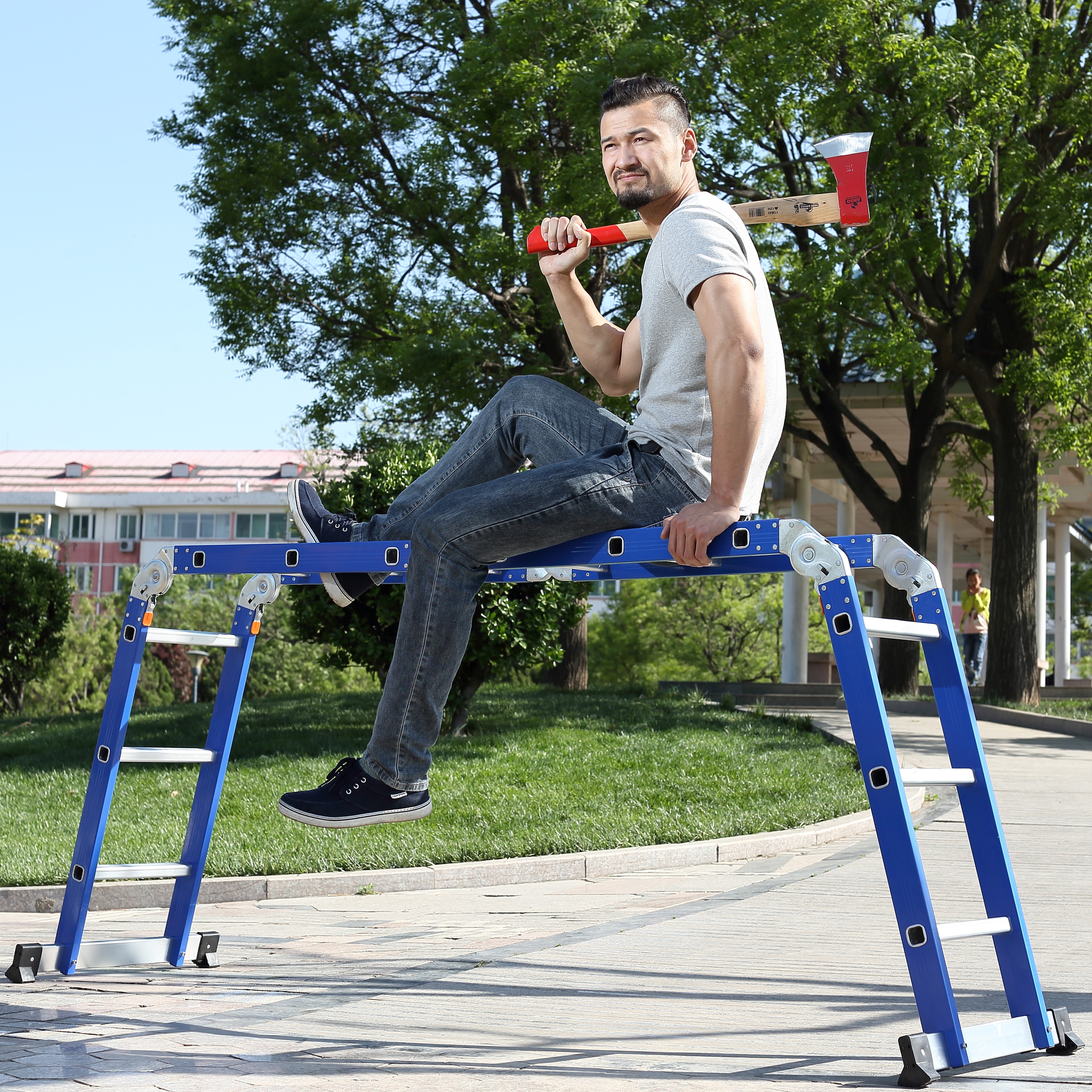 Blue painted aluminum extension ladder function folding stair and multi purpose ladder