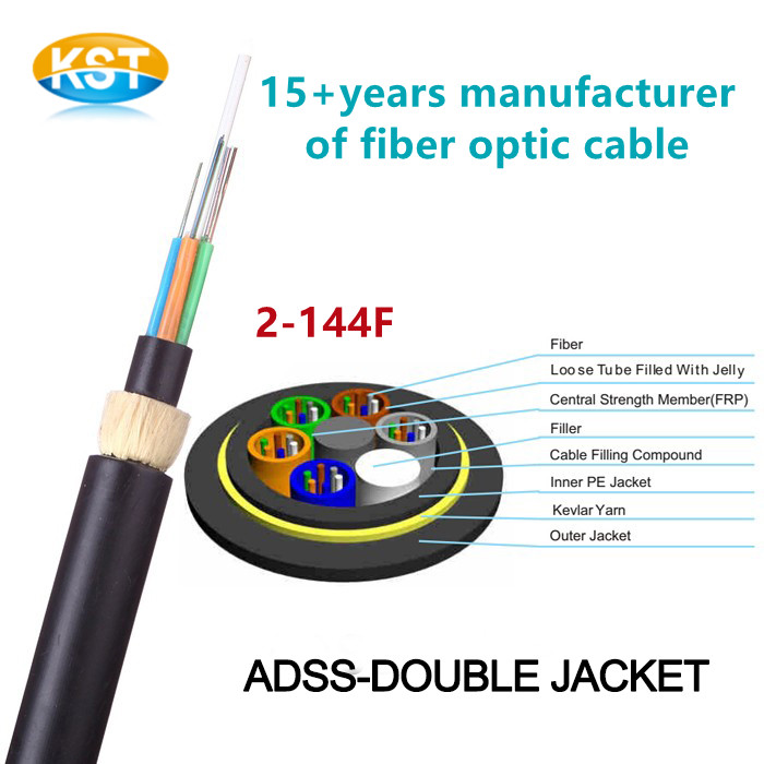ADSS self support aerial outdoor fiber optic cable double jacket 2 4 6 8 12 24 48 64 96 144 core