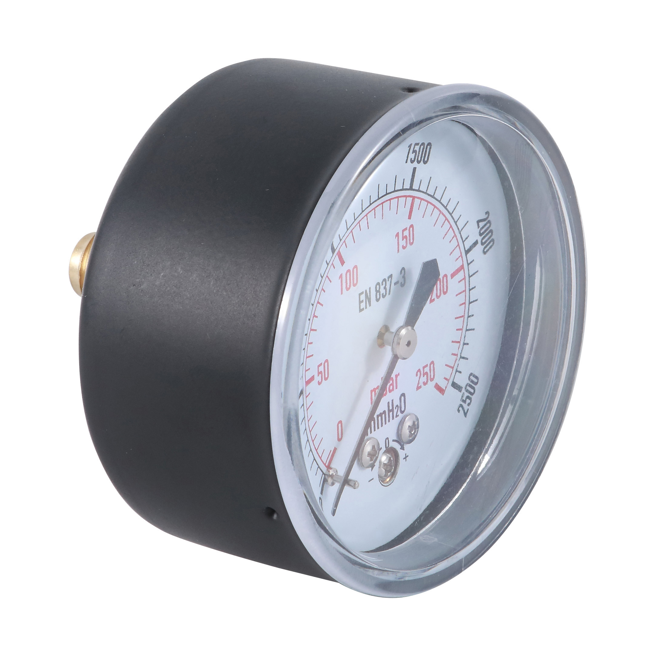 Dry pressure gauge  back connection  black steel/plastic case  brass connection