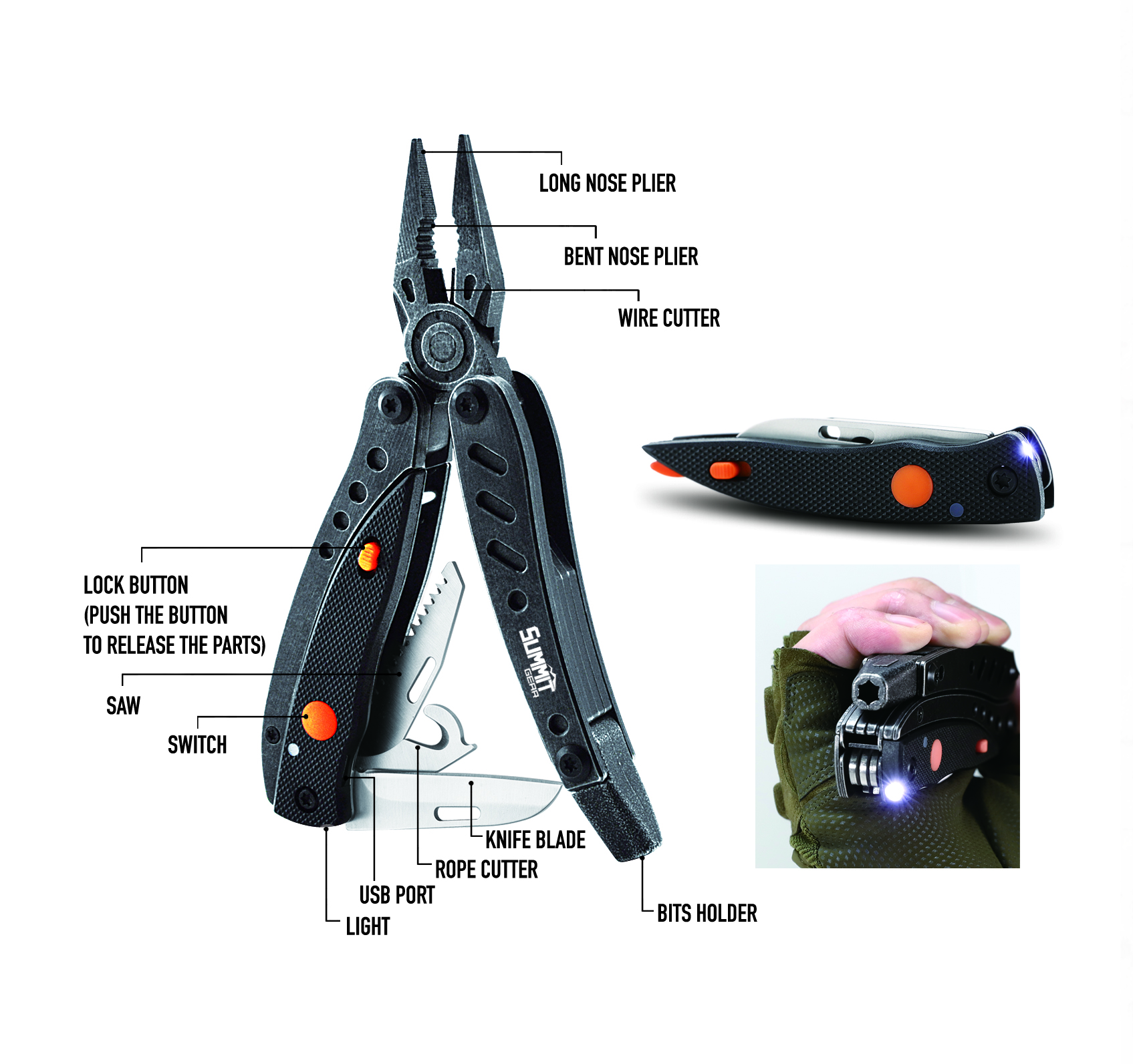 Stainless steel multi-tool with chargeable LED light
