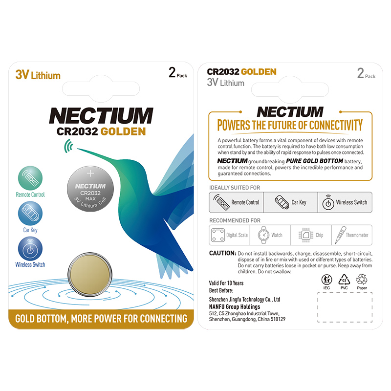 NECTIUM Pure-gold-bottom Button Cell CR2032 2-Battery Pack