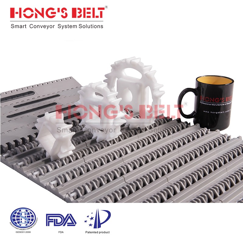 HONGSBELT HS-100A-HD-N-EL Rounded friction top modular plastic conveyor belt used in skati