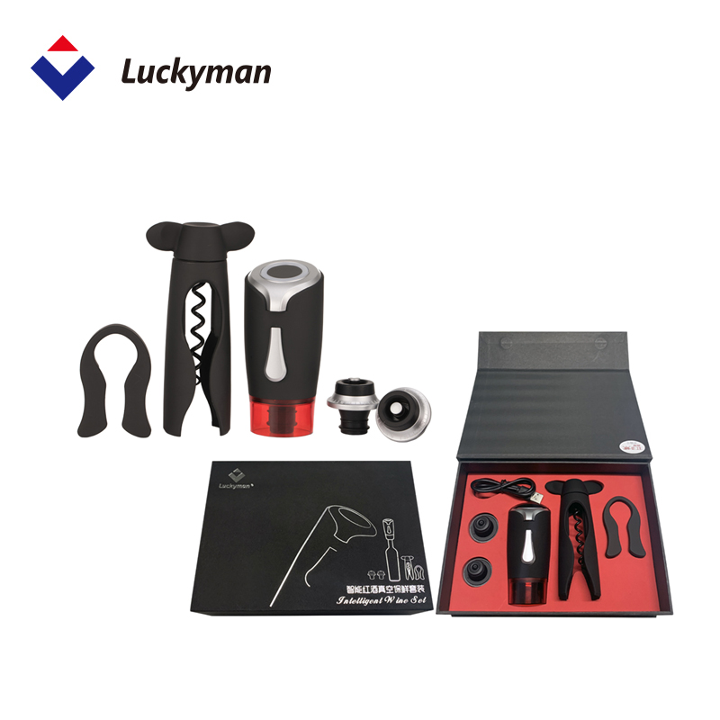 Luckyman Hot Sale Automatic Air Pump Wine Accessories With Foil Cutter Vacuum Stopper 