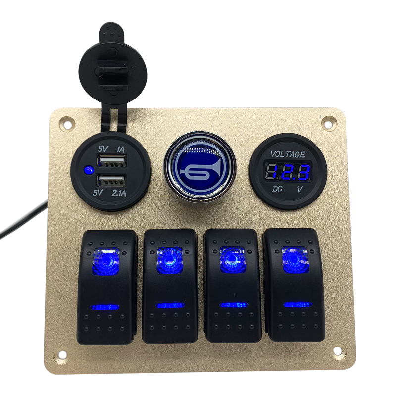 12V-24V 4 Gang Rocker Switch Panel with USB Charger Voltmeter Cigarette  Socket